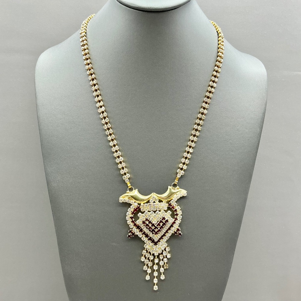 Rhinestone Heart Pendant Necklace Women Gold Tone Red White Crystal Jewelry